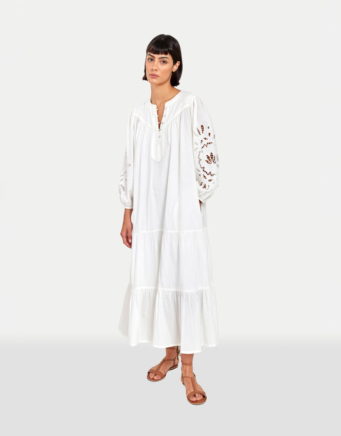 East Bridget Cutwork Tiered Midi Dress, White (WHITE), large