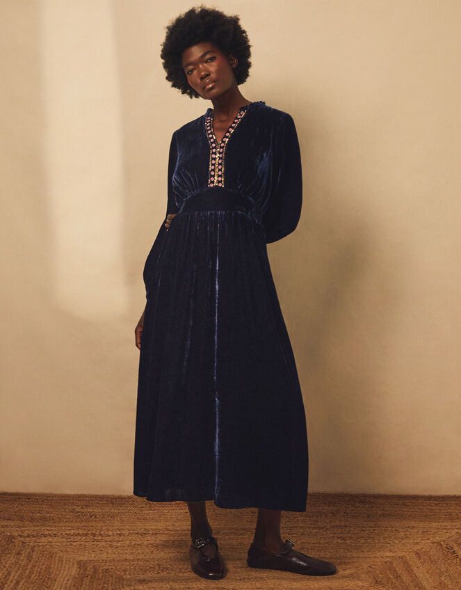 Easy Wendy Floral Embroidered Velvet Maxi Dress, Blue (NAVY BLUE), large