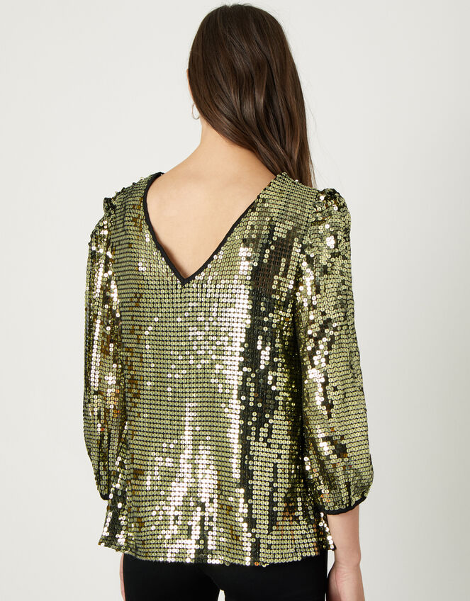 Celia Sequin Crop-Sleeve Blouse, Gold (GOLD), large