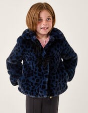 Animal Print Faux Fur Bow Coat, Blue (BLUE), large