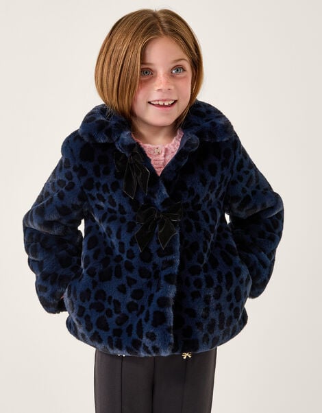 Animal Print Faux Fur Bow Coat, Blue (BLUE), large