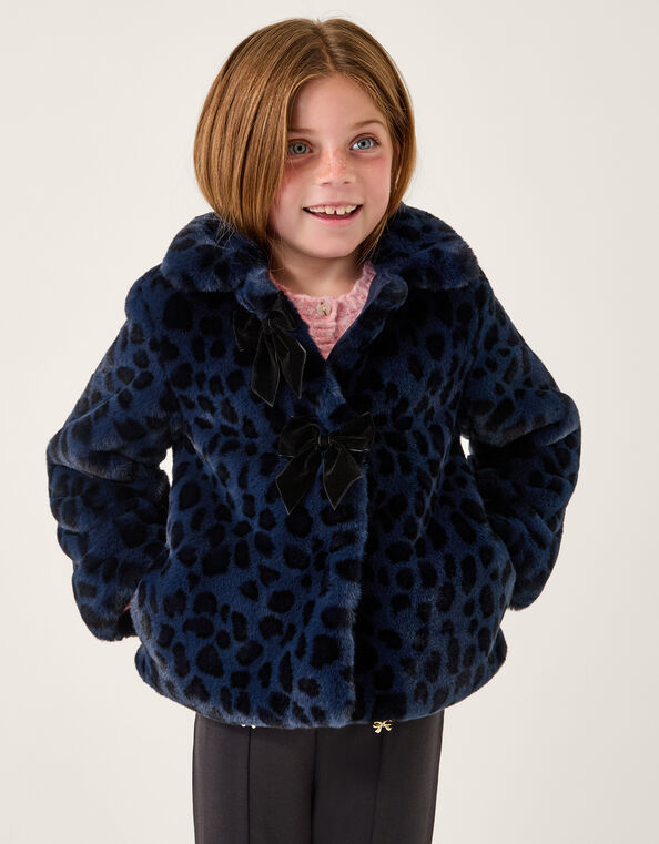 Animal Print Faux Fur Bow Coat, Blue (BLUE), large
