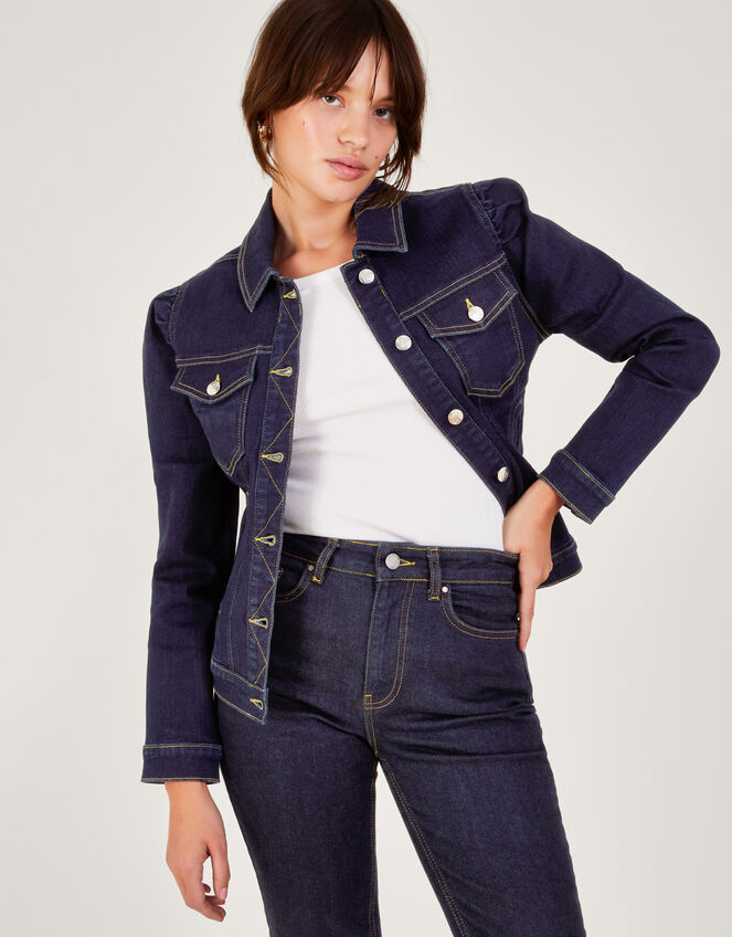 Dora Puff Sleeve Denim Jacket with Sustainable Cotton, Blue (INDIGO), large