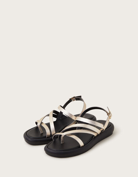 Leather Metallic Strappy Sandals, Gold (GOLD), large