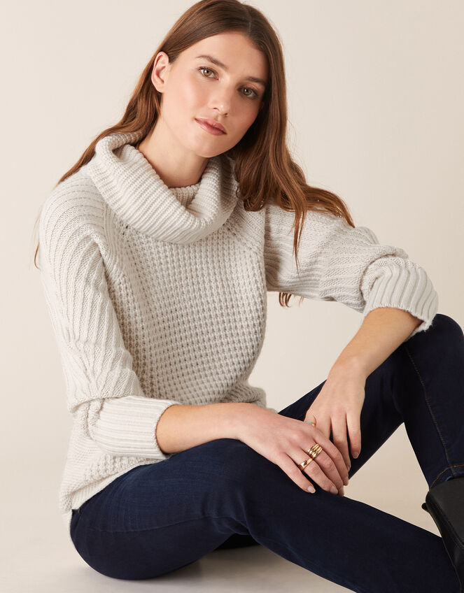 Caitlyn Cowl Neck Stitchy Jumper, Ivory (IVORY), large
