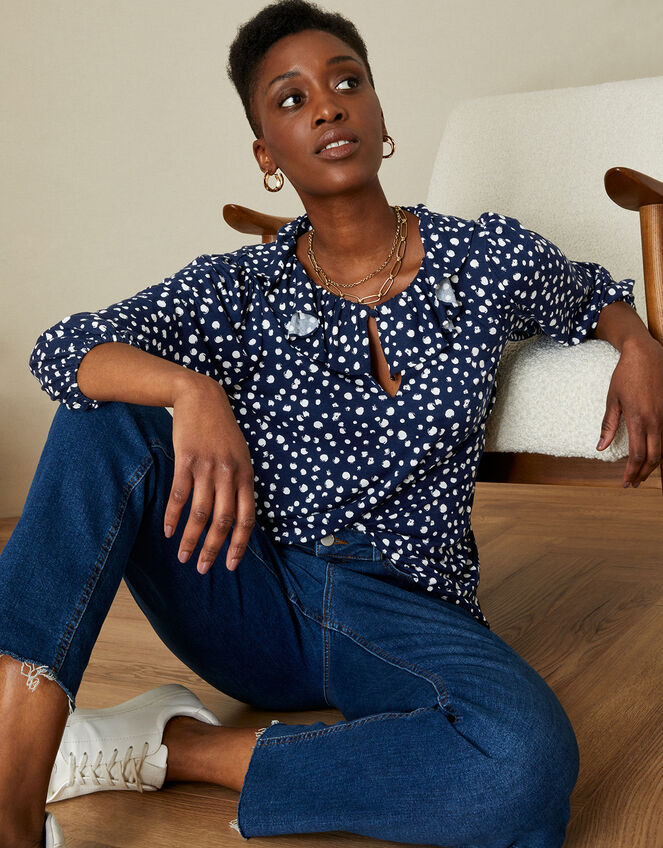 Frill Collar Jersey Top, Blue (NAVY), large