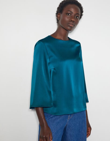 Ingrid Bell Sleeve Satin Top, Blue (TURQUOISE), large