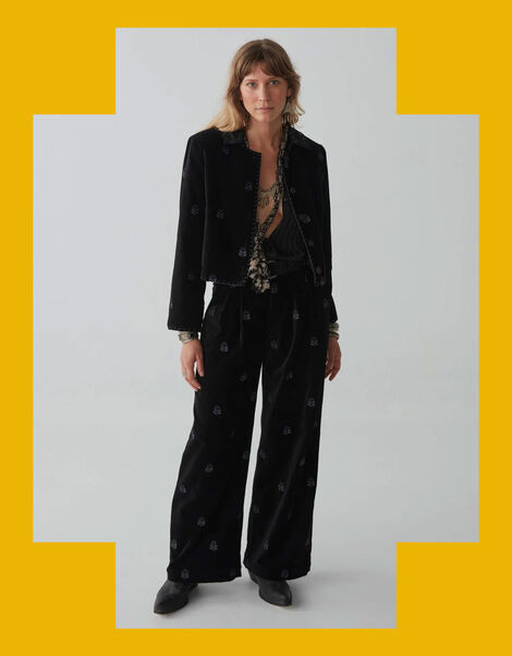 Maison Hotel Wide Leg Velvet Trousers, Black (BLACK), large