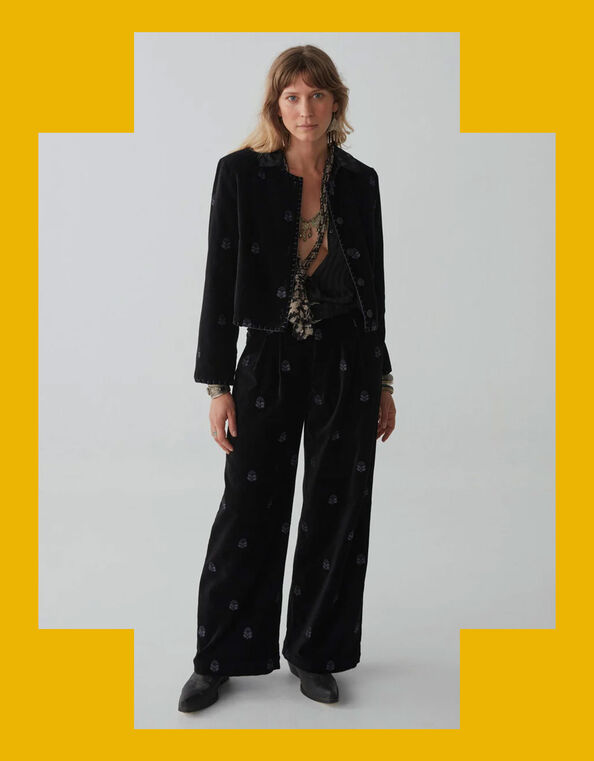 Maison Hotel Wide Leg Velvet Trousers, Black (BLACK), large