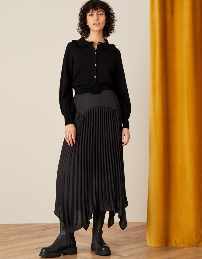 Pleated Handkerchief Hem Midi Skirt Black