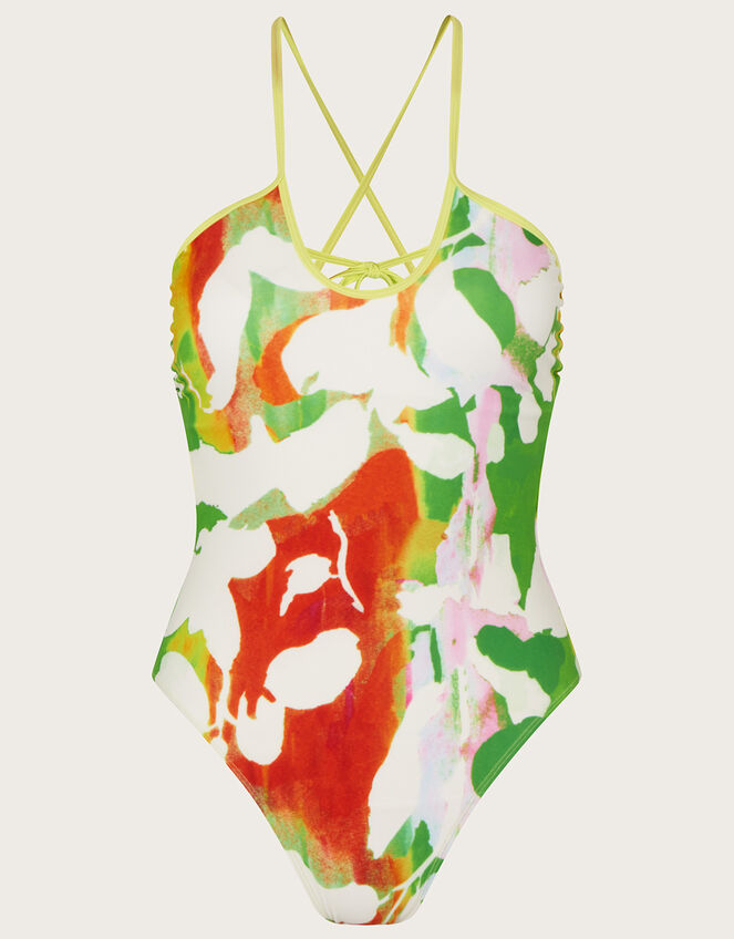 Abstract Floral Print Swimsuit with Recycled Polyester, Green (GREEN), large