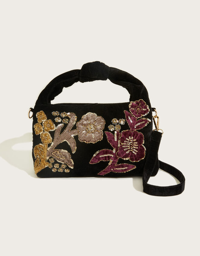 Velvet Embroidered Knot Cross-Body Shoulder Bag, , large