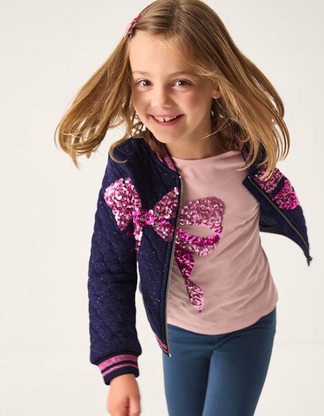 Sequin Bow Bomber Jacket, Blue (NAVY), large