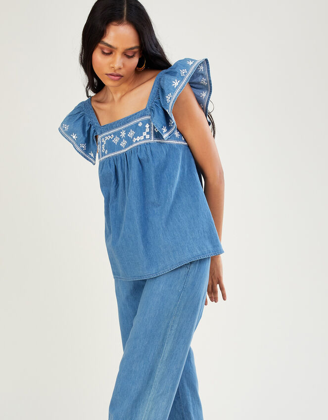 Embroidered Denim Top, Blue (BLUE), large