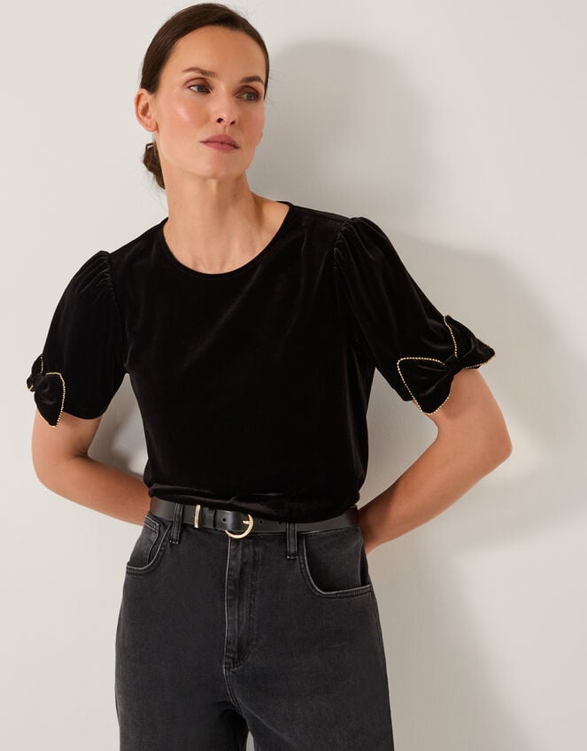 Vita Bow Sleeve Velvet T-Shirt, Black (BLACK), large
