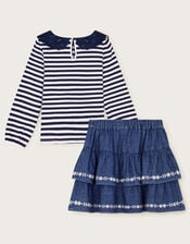 Stripe Collar Top and Skirt Set, Blue (NAVY), large
