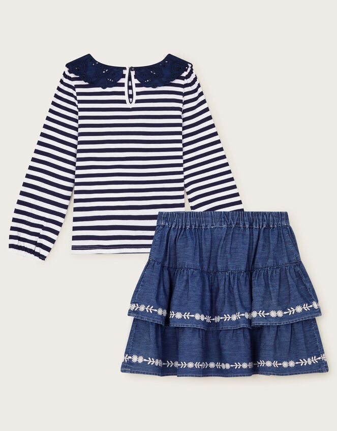 Stripe Collar Top and Skirt Set, Blue (NAVY), large