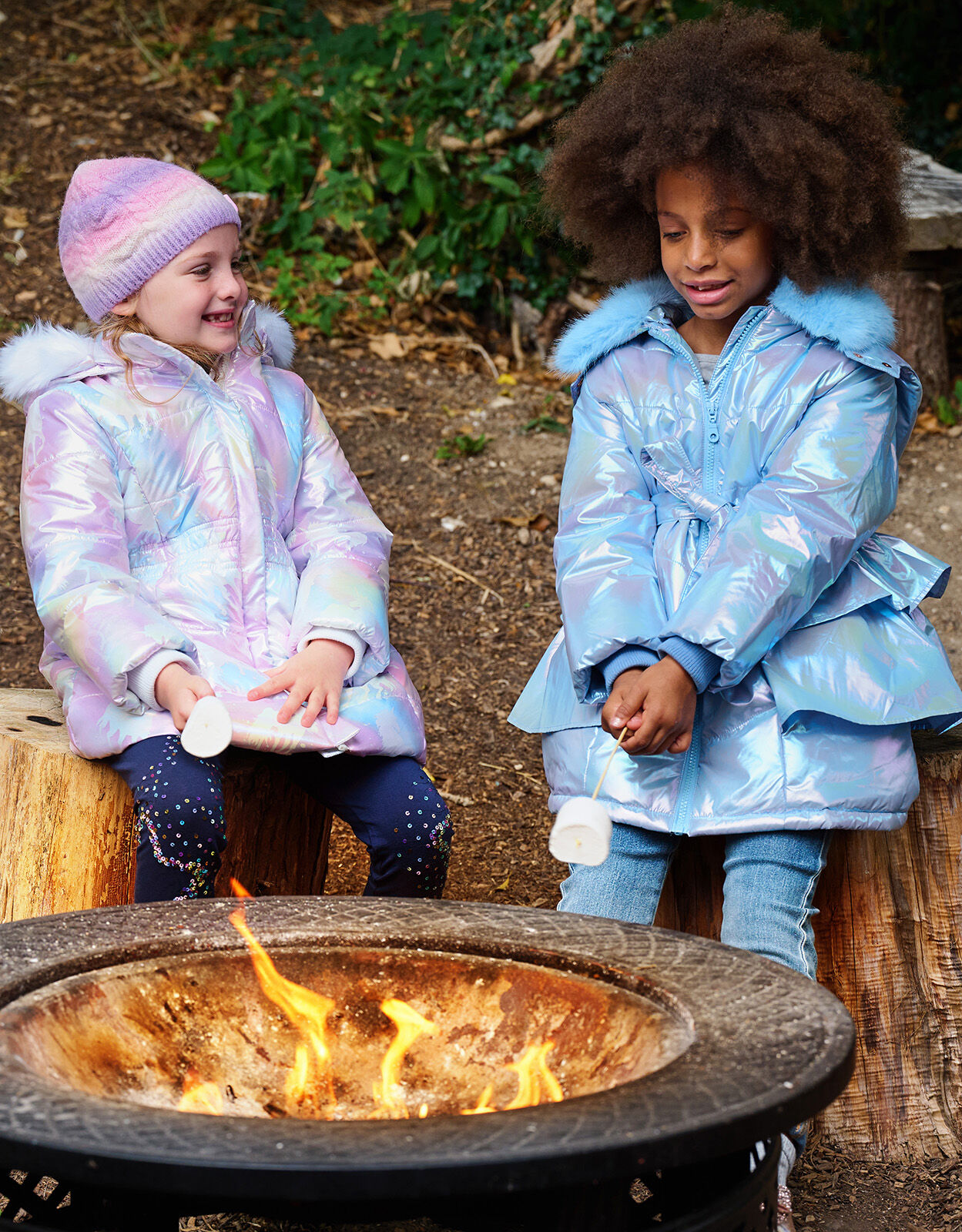 Metallic Skirted Padded Coat with Hood Blue