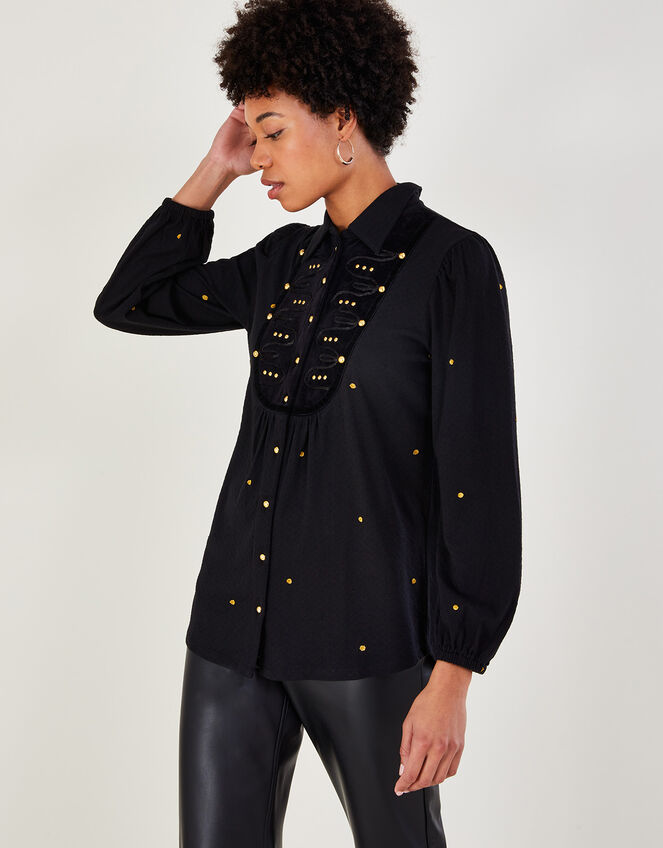 Embellished Military Jersey Shirt in Sustainable Cotton, Black (BLACK), large