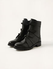 Bow Detail Biker Boots, Black (BLACK), large