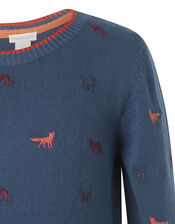 Embroidered Fox Knit Jumper in Organic Cotton, Teal (TEAL), large