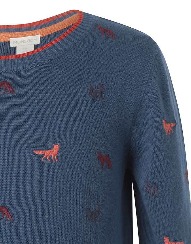 Embroidered Fox Knit Jumper in Organic Cotton, Teal (TEAL), large