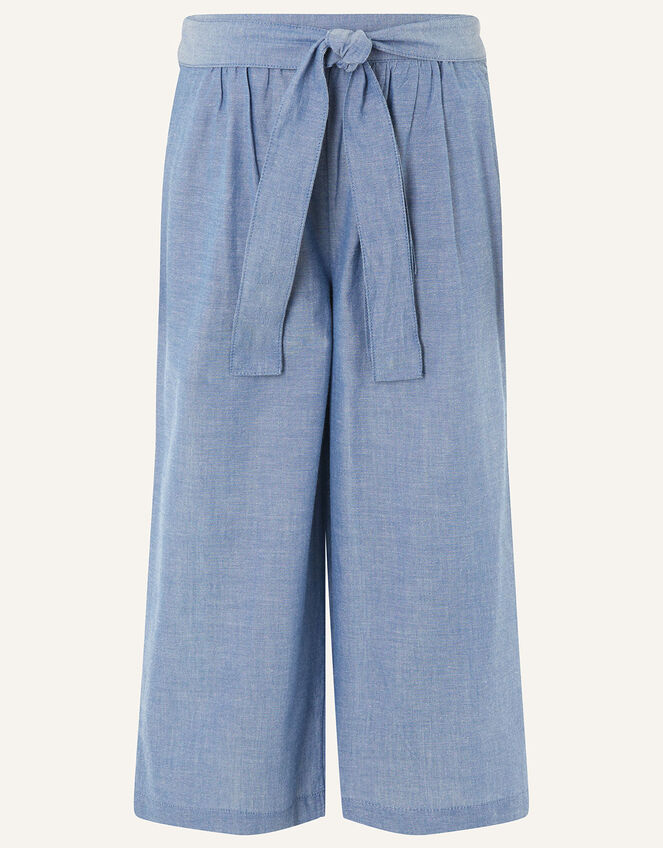 Wide Leg Chambray Trousers, Blue (BLUE), large