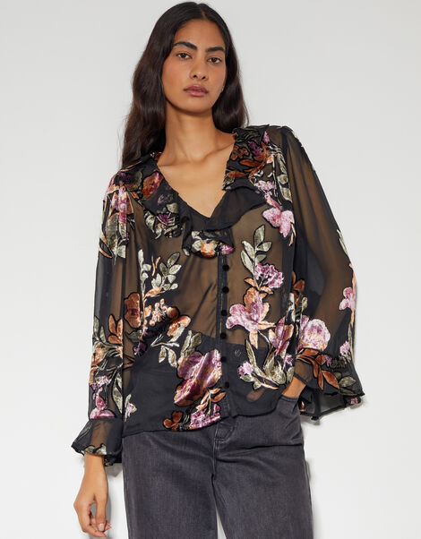 Ariella Floral Devore Blouse, Black (BLACK), large