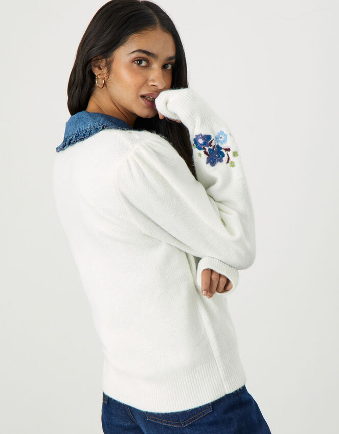 Short Button Through Embroidered Cardigan, Ivory (IVORY), large