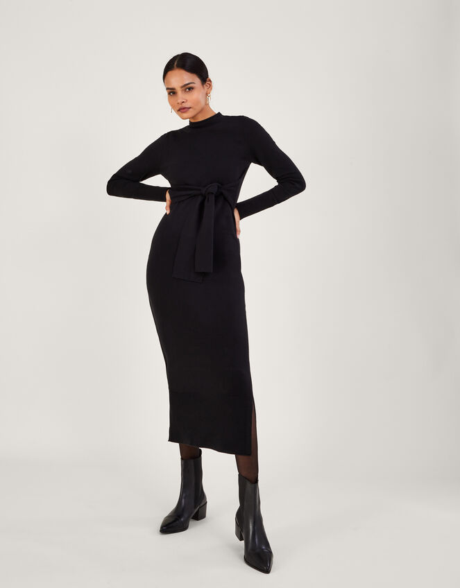 Self Belt Tie Column Dress with Sustainable Viscose, Black (BLACK), large