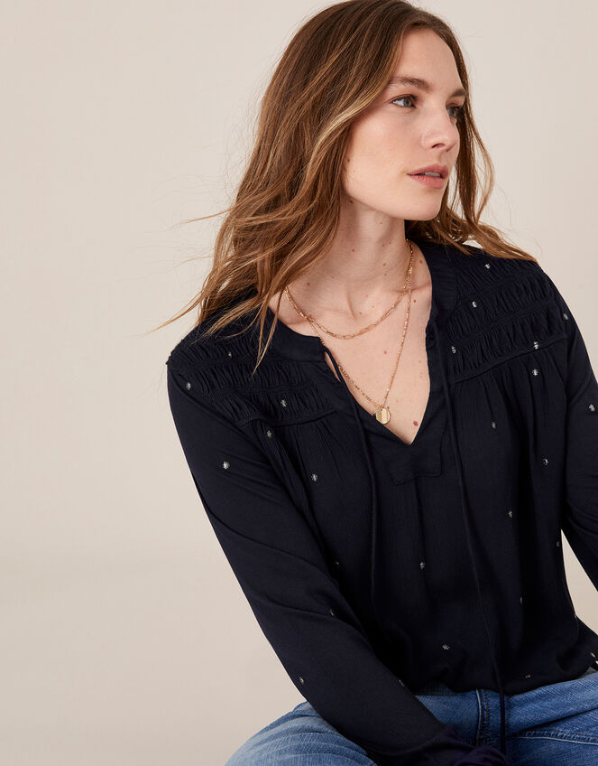 Embroidered Long Sleeve Blouse in LENZING™ ECOVERO™, Blue (NAVY), large