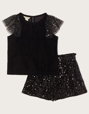 Party Sequin Top and Shorts Set, Black (BLACK), large