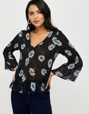Daniella Daisy Print Top, Black (BLACK), large