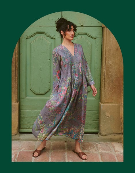 One Hundred Stars Boho Garden Print Maxi Dress, Grey (GREY), large