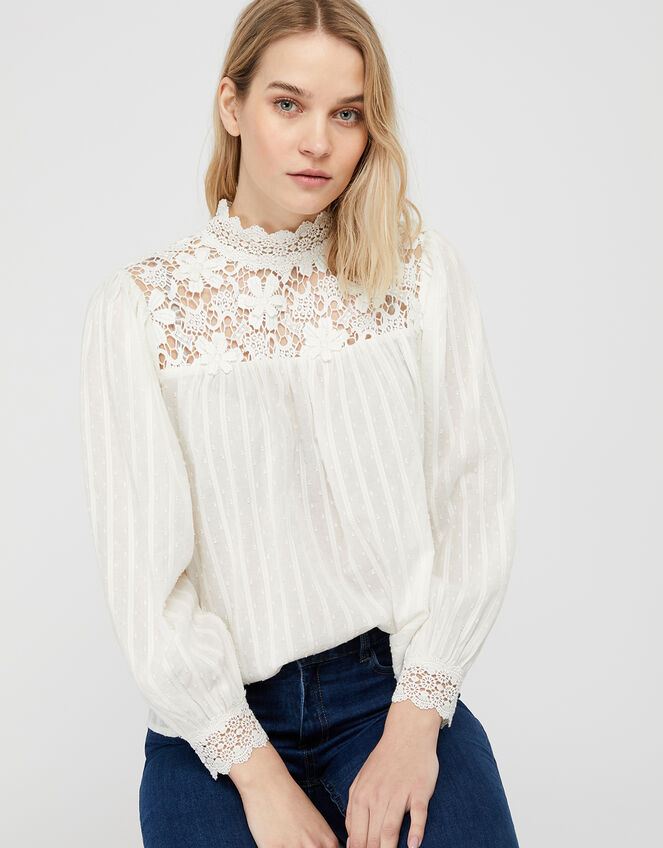 Ivory Floral Lace High Neck Blouse, Ivory (IVORY), large