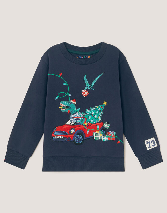 Dinosaur Print Christmas Jumper, Blue (NAVY), large