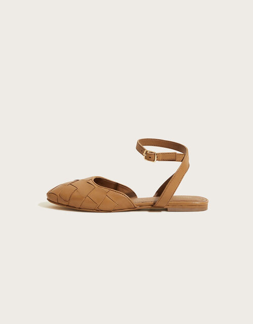 Slingback Cross Weave Leather Sandals, Tan (TAN), large