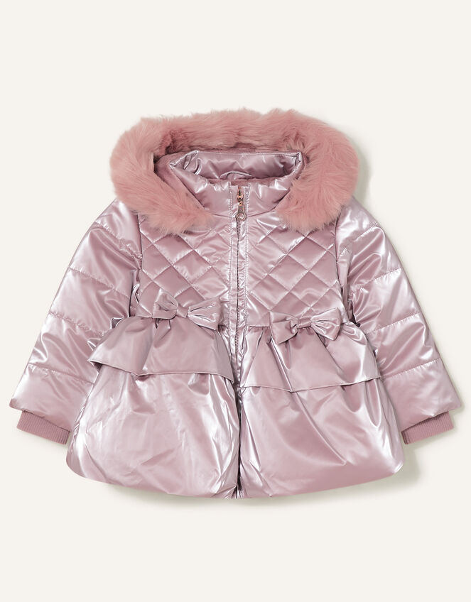 Baby Metallic Frill Puffball Coat, Pink (PINK), large