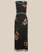 Luna Sleeveless Floral Embellished Mesh Midi Dress, Black (BLACK), large