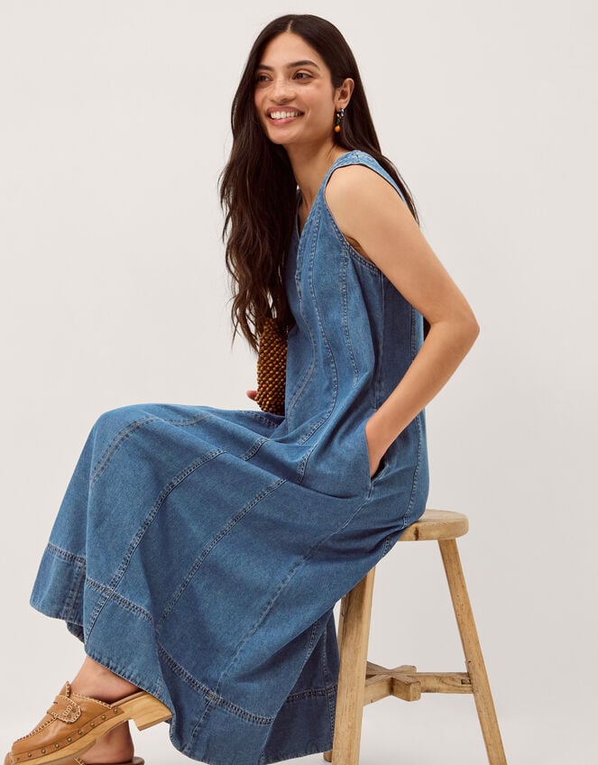 Tessa Sleeveless Denim Midi Dress, Blue (MID AUTHENTIC BLUE), large