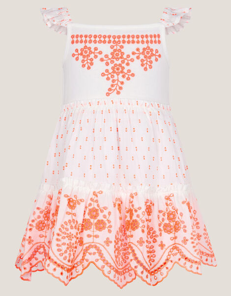 Baby Broderie Tiered Cotton Sundress, Orange (ORANGE), large