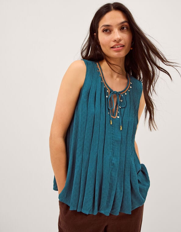 Sophia Embellished Pleat Tank Top, Teal (TEAL), large