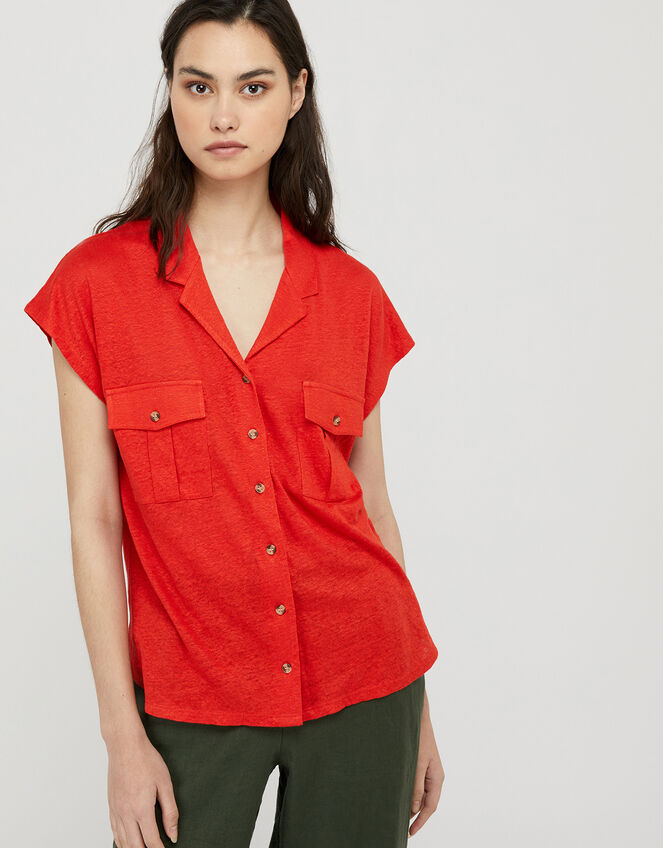 Leena Short Sleeve Shirt in Pure Linen, Red (RED), large