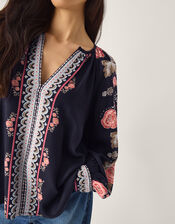 Rosalie Floral Print V-Neck Blouse, Blue (NAVY), large