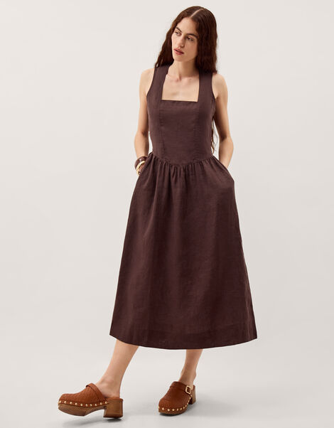Lily Square Neck Linen Midi Dress, Brown (CHOCOLATE), large