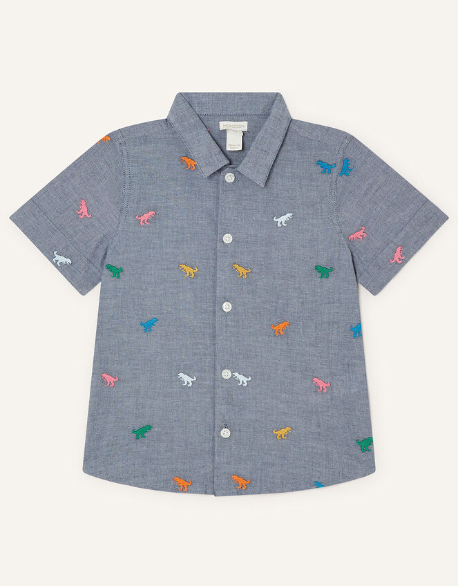 Dinosaur Embroidered Chambray Shirt, Grey (GREY), large