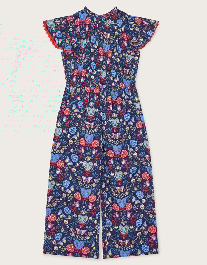 Floral Butterfly Short Sleeve Jumpsuit, Blue (NAVY), large