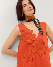 Rosalie Floral Appliqu&eacute; Cotton Midi Dress, Orange (ORANGE), large