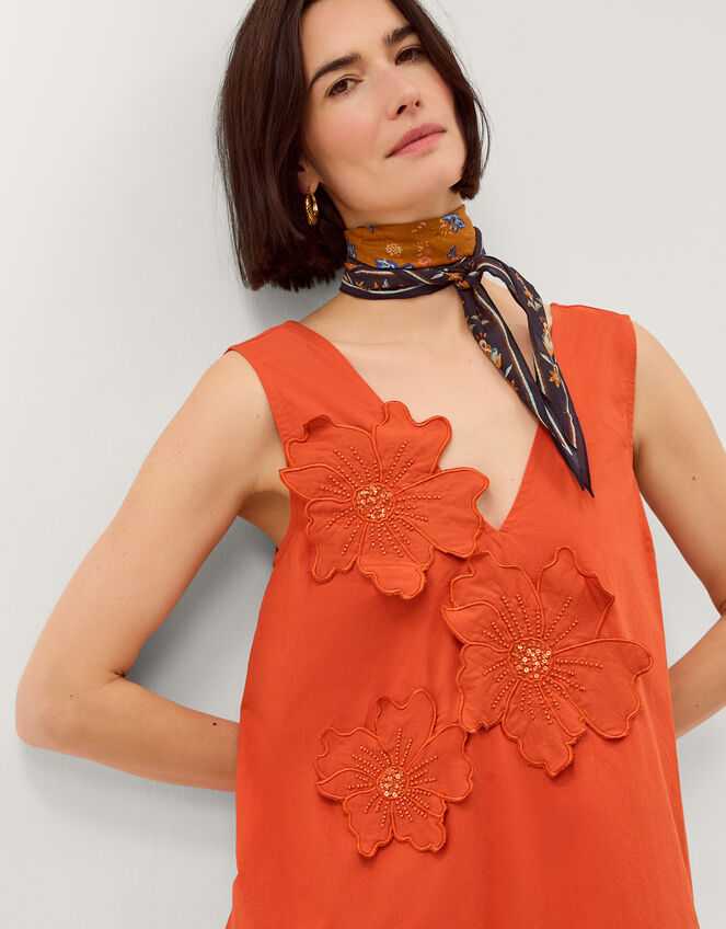 Rosalie Floral Appliqu&eacute; Cotton Midi Dress, Orange (ORANGE), large