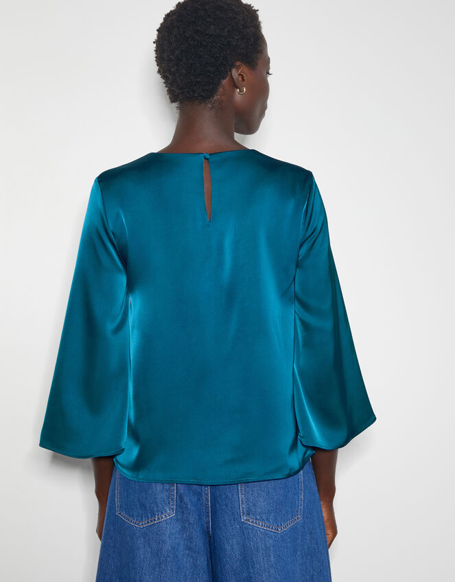 Ingrid Bell Sleeve Satin Top, Blue (TURQUOISE), large